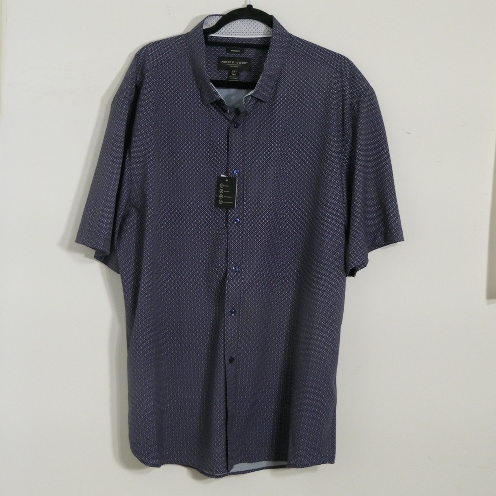 Pronto Uomo Mens Shirt 2XT Navy Micro Geometric Short Sleeve Modern Fit Office